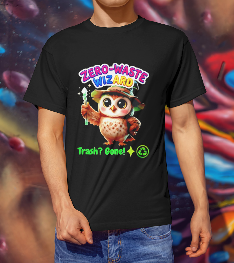 Zero Waste Wizard Owl With Magic Wand Trash Gone Recycling T-Shirt