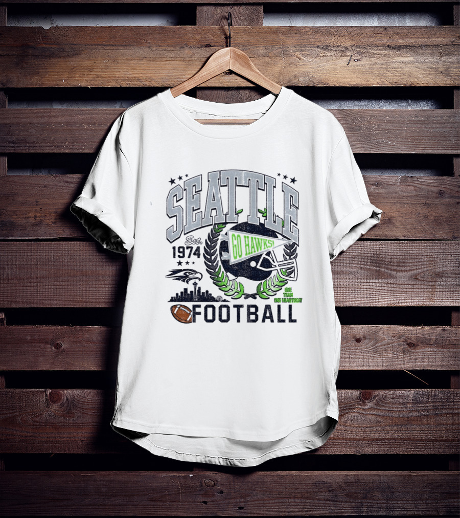 Seattle Football Go Hawks Est 1974 One Team One Heartbeat Helmet Wreath Stars T-Shirt