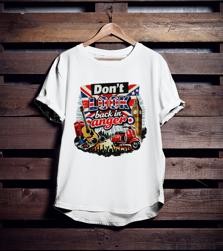 Don't Look Back In Anger UK Flag Vespa Guitar Big Ben Music T-Shirt