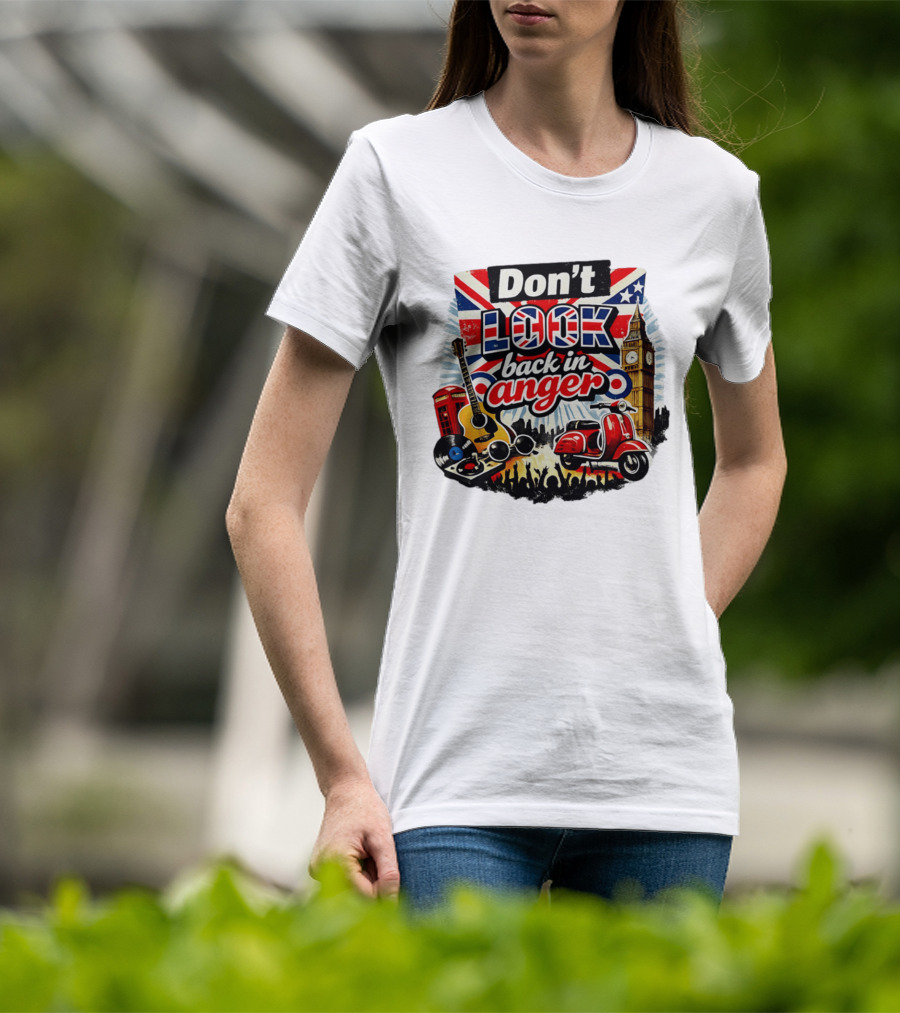 Don't Look Back In Anger UK Flag Vespa Guitar Big Ben Music T-Shirt
