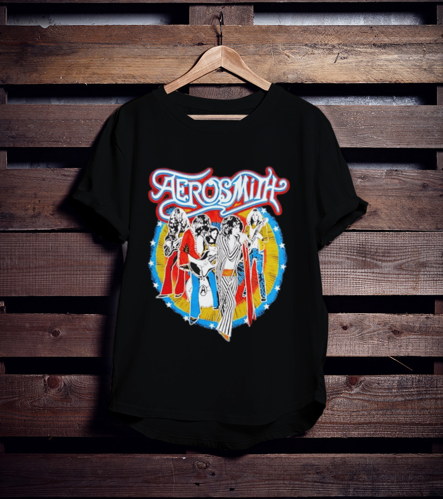 Aerosmith Vintage Band Members Illustration With Stars And Sunburst T-Shirt