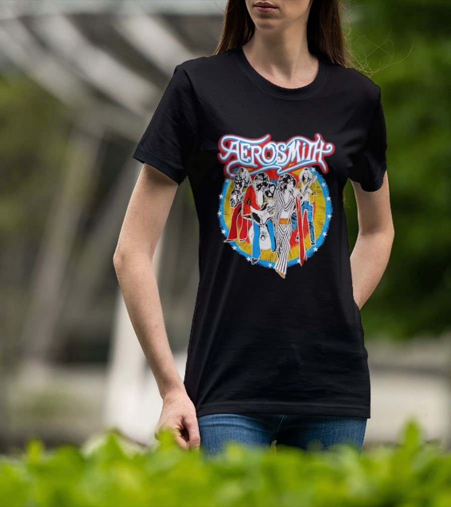 Aerosmith Vintage Band Members Illustration With Stars And Sunburst T-Shirt