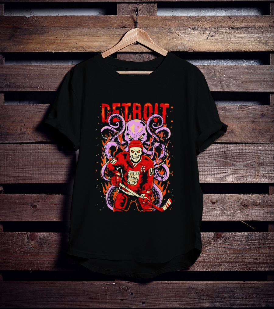 Detroit Salty Goon Skeleton Hockey Giant Octopus T-Shirt