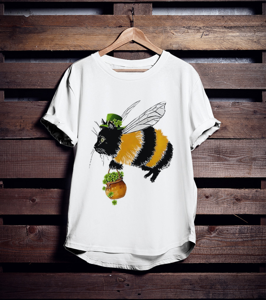 Catbee Lucky Buzz Cat With Clover And Leprechaun Hat T-Shirt