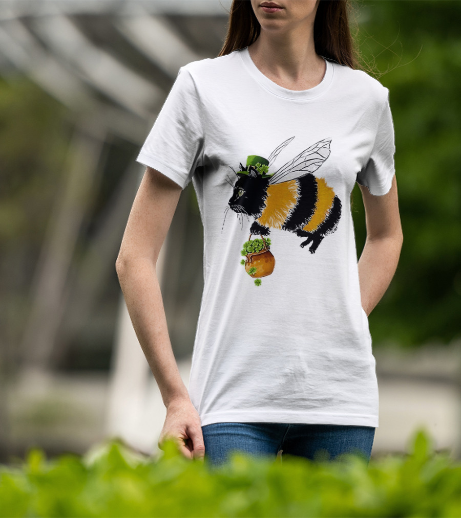 Catbee Lucky Buzz Cat With Clover And Leprechaun Hat T-Shirt