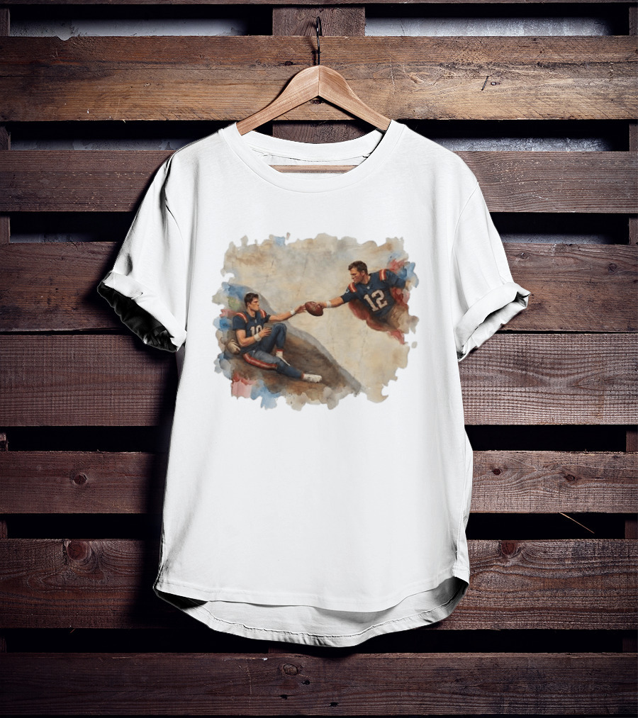 New England Football Brady Number 12 And Maye Number 10 Handing Football Painting T-Shirt