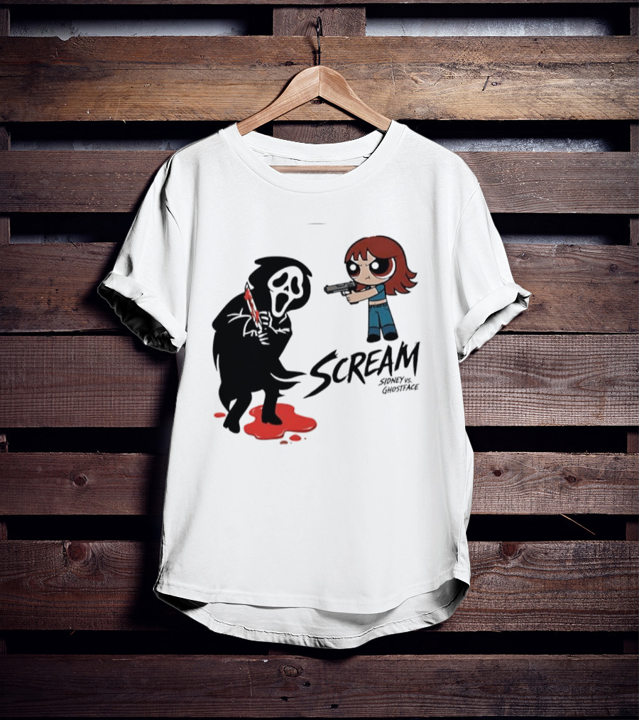 Scream Sidney Vs. Ghostface Cartoon Style Showdown With Knife And Splatter T-Shirt