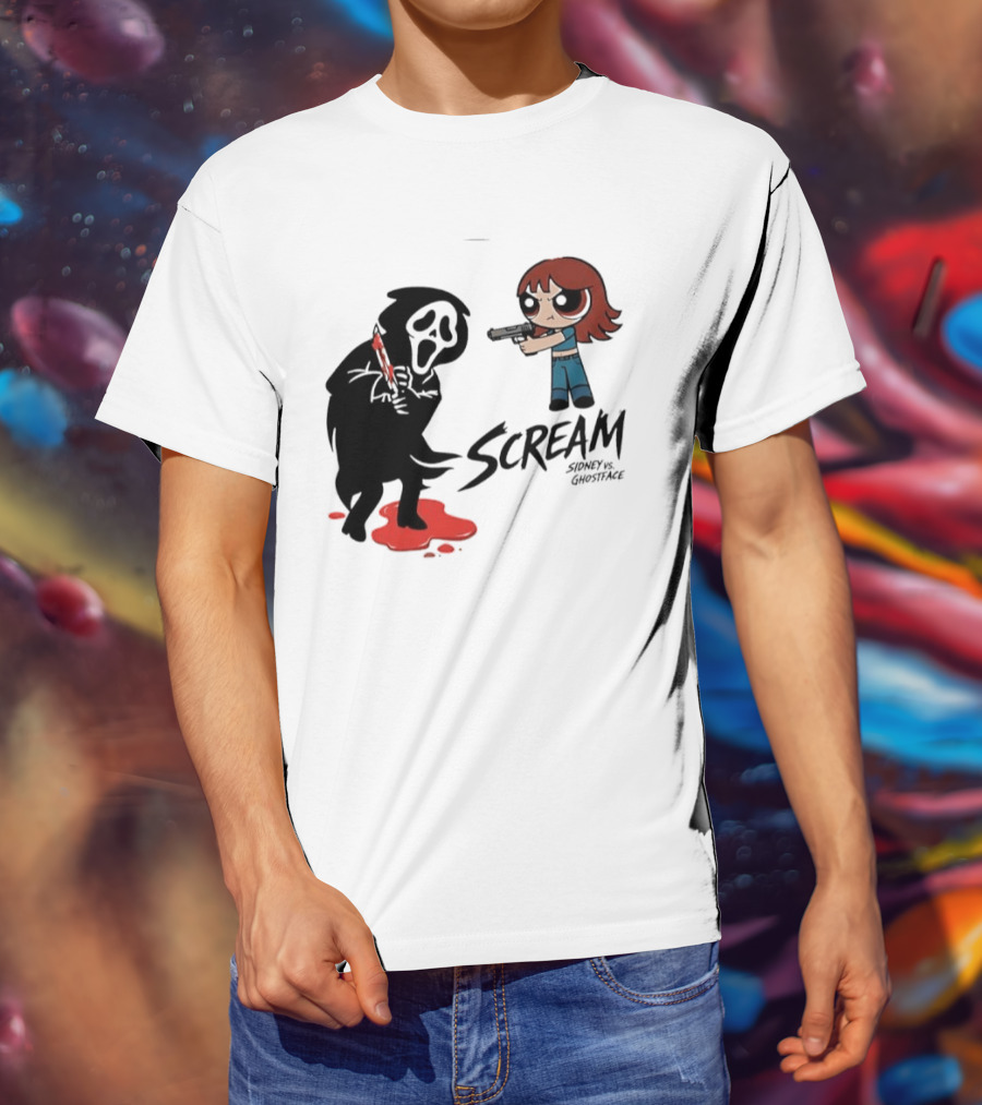 Scream Sidney Vs. Ghostface Cartoon Style Showdown With Knife And Splatter T-Shirt