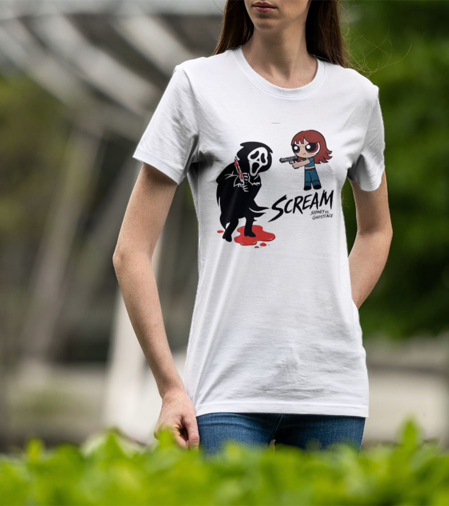 Scream Sidney Vs. Ghostface Cartoon Style Showdown With Knife And Splatter T-Shirt