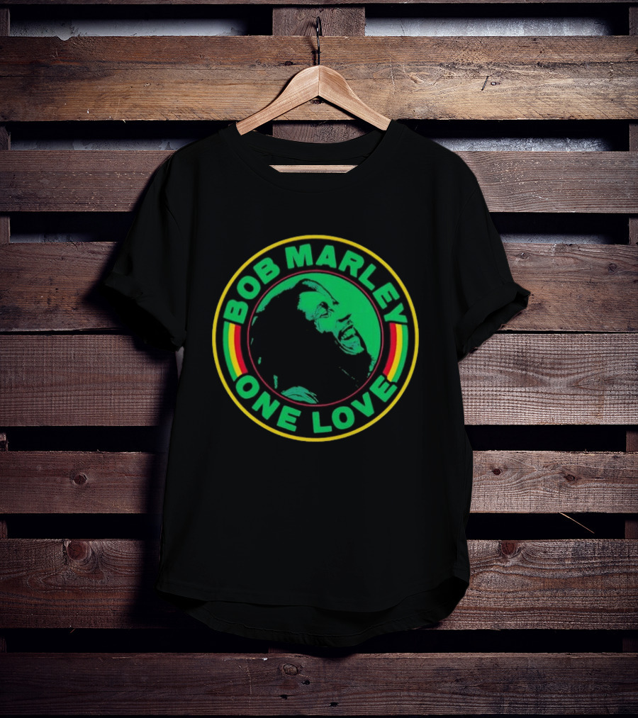 Bob Marley One Love Iconic Circle Emblem With Green And Red Highlights T-Shirt