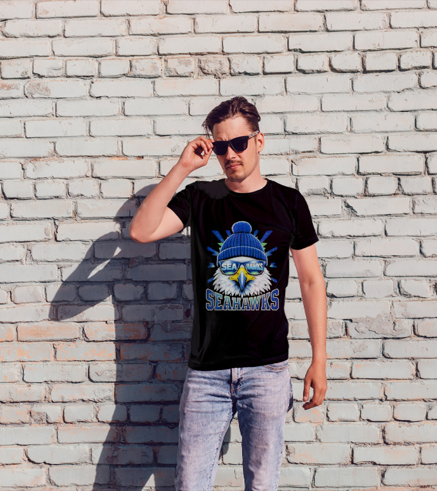 Seahawks Eagle Face With Sunglasses And Winter Hat T-Shirt