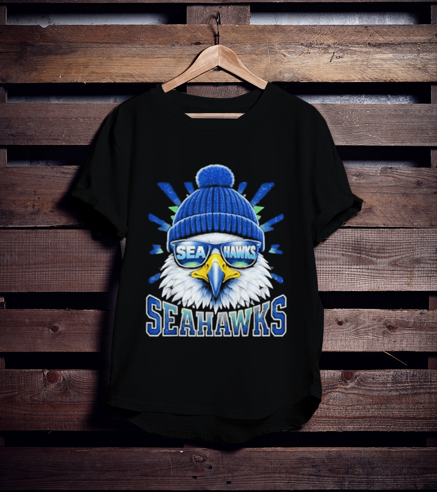 Seahawks Eagle Face With Sunglasses And Winter Hat T-Shirt