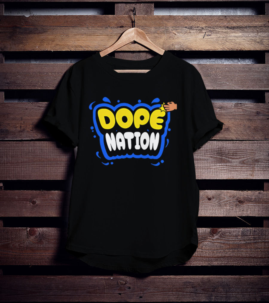 Dope Nation Bubble Letters With Yellow Hand And Blue T-Shirt