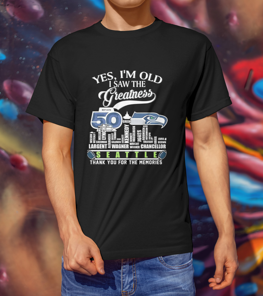 Seattle Seahawks 50th Anniversary Yes I'm Old I Saw The Greatness Skyline Thank You For The Memories T-Shirt