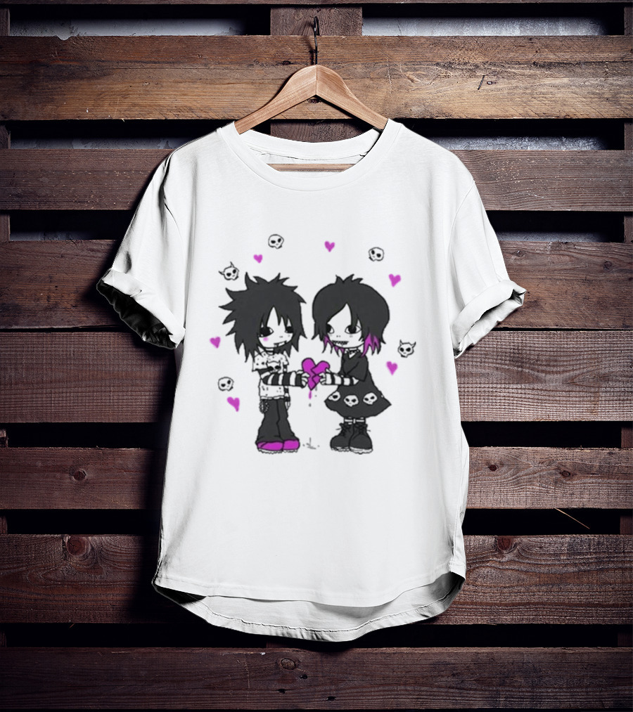 Goodie Two Sleeves Zombie Love Emo Couple Heart Skulls Pink Black T-Shirt