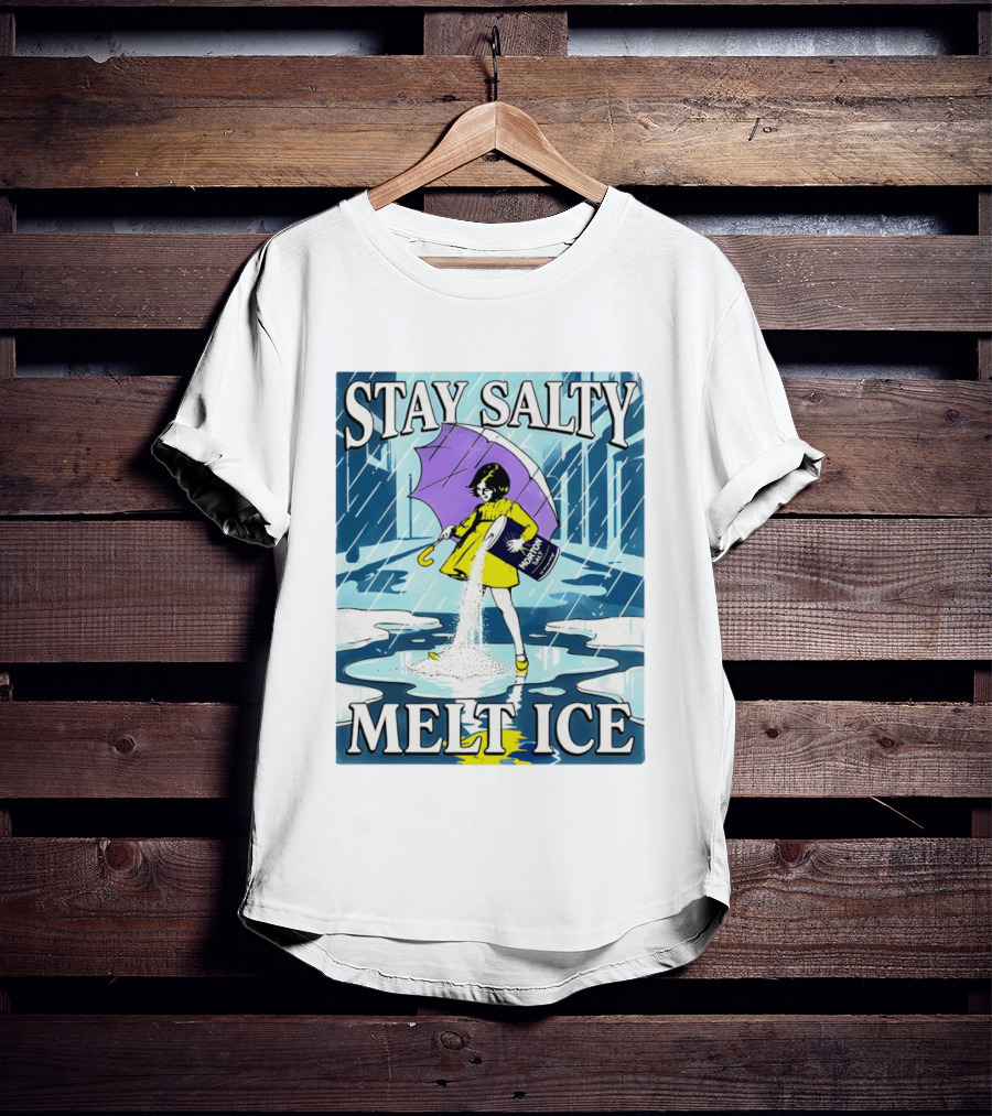 Morton Salt Stay Salty Melt ICE Umbrella Girl Retro Rain Scene T-Shirt