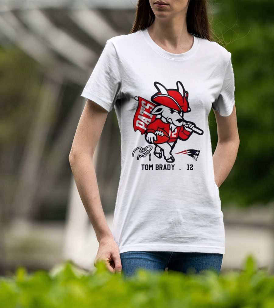 Pats Tom Brady 12 Football Mascot With Signature And New England Patriots Flag T-Shirt