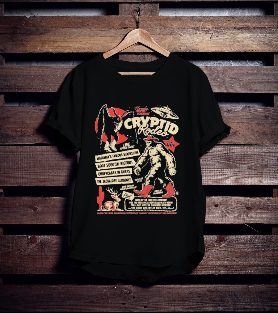 Howdy Cryptid Rodeo Yeti Sasquatch UFO Cactus Jackalope Chupacabra T-Shirt