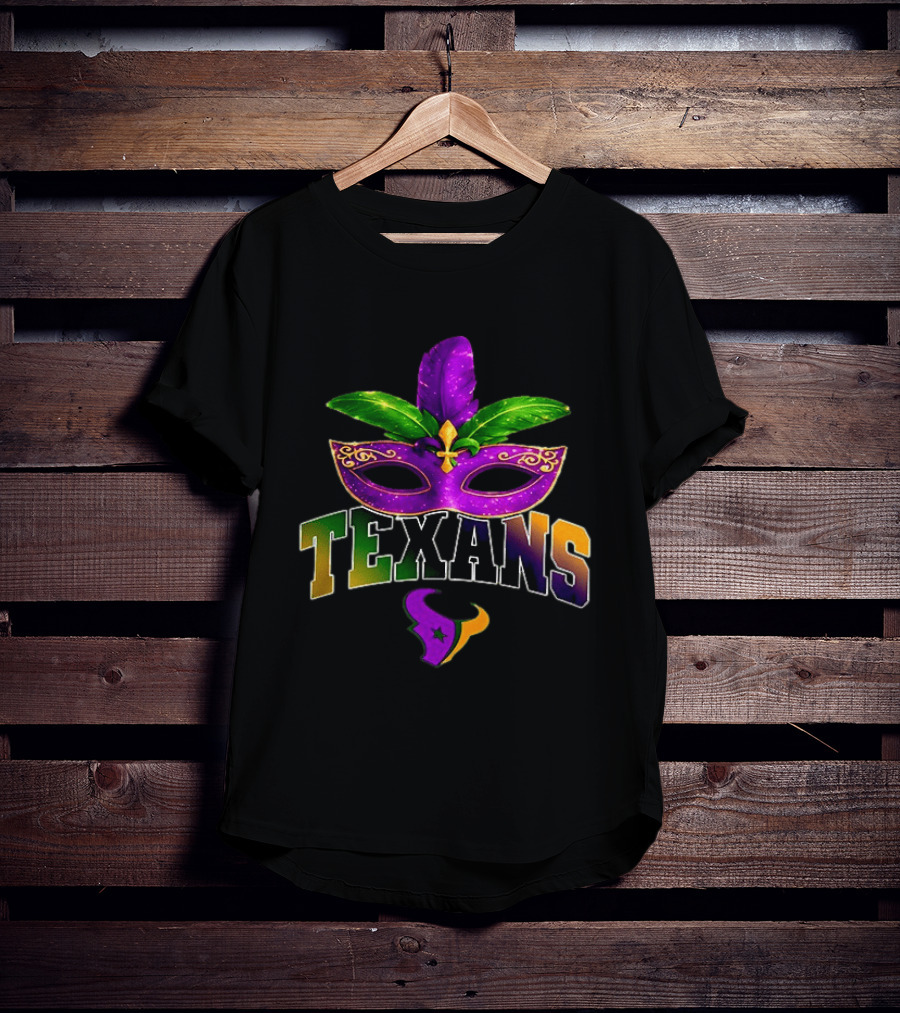Houston Texans Mardi Gras Mask Fleur De Lis Feather T-Shirt