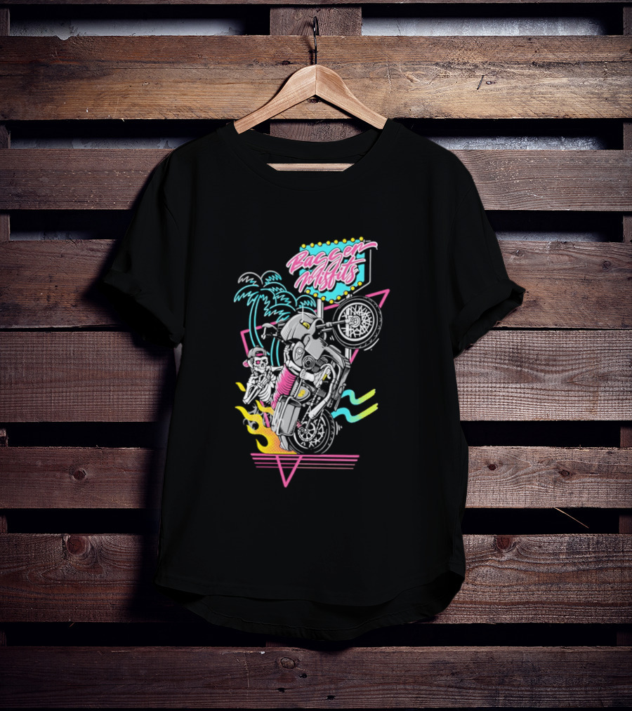 Bagger Misfits Skeleton Motorcycle Wheelie Neon 80s Palm Trees T-Shirt