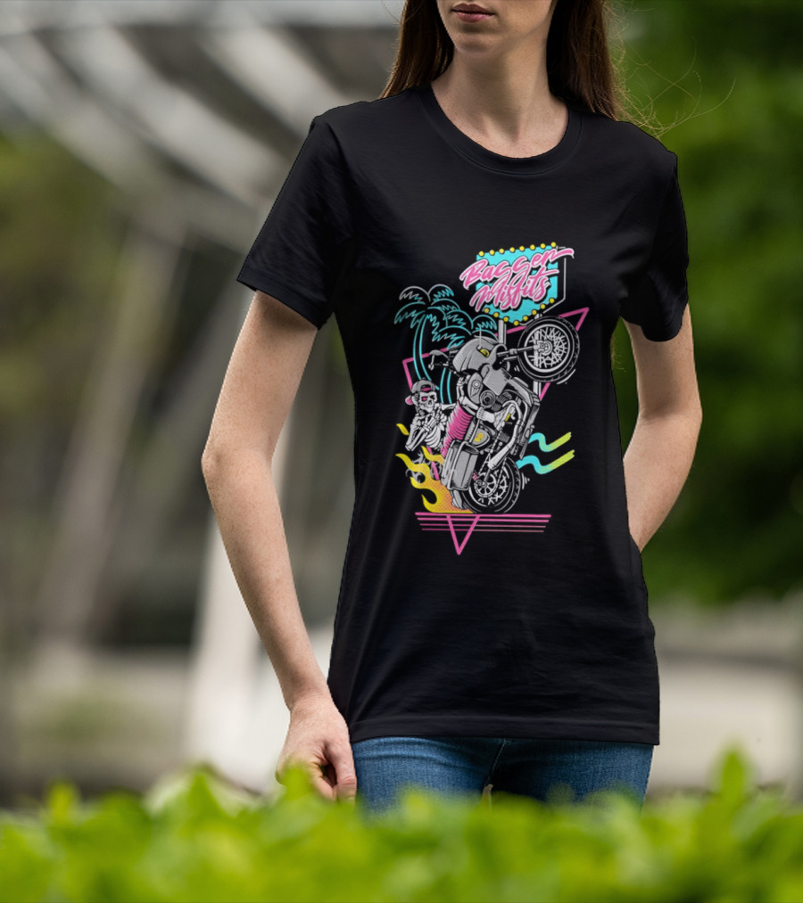 Bagger Misfits Skeleton Motorcycle Wheelie Neon 80s Palm Trees T-Shirt
