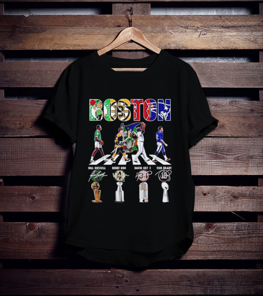 Boston Celtics Bruins Red Sox Patriots Bill Russell Bobby Orr David Ortiz Tom Brady Trophies Legends Signatures T-Shirt
