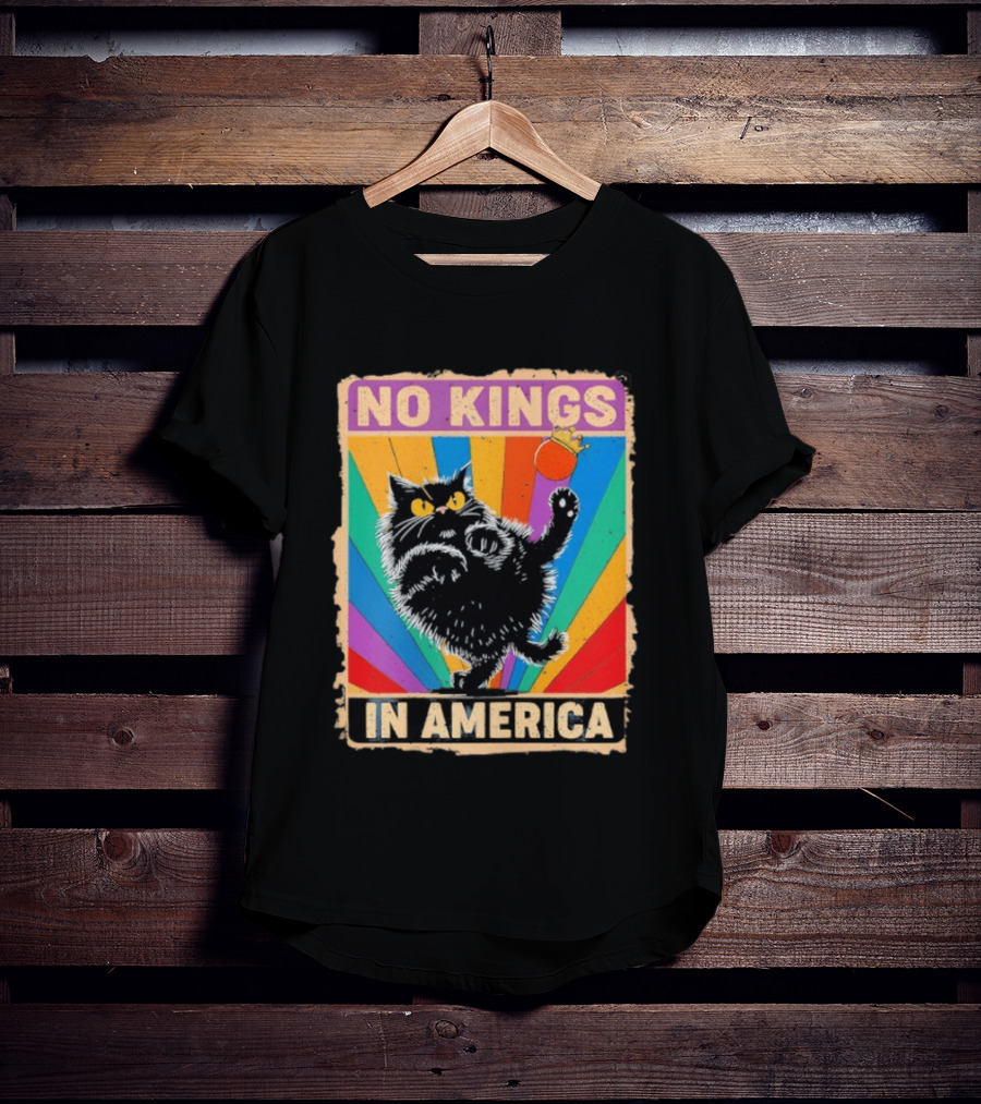 No Kings In America Black Cat Anti Trump Rainbow Kingslayer T-Shirt