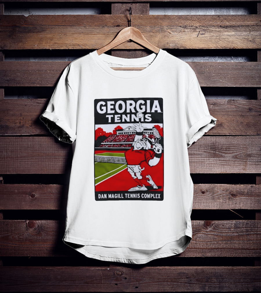 Georgia Tennis Dan Magill Tennis Complex Cartoon Character Court Scene T-Shirt
