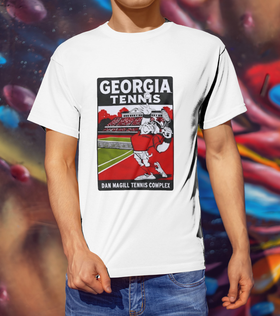 Georgia Tennis Dan Magill Tennis Complex Cartoon Character Court Scene T-Shirt