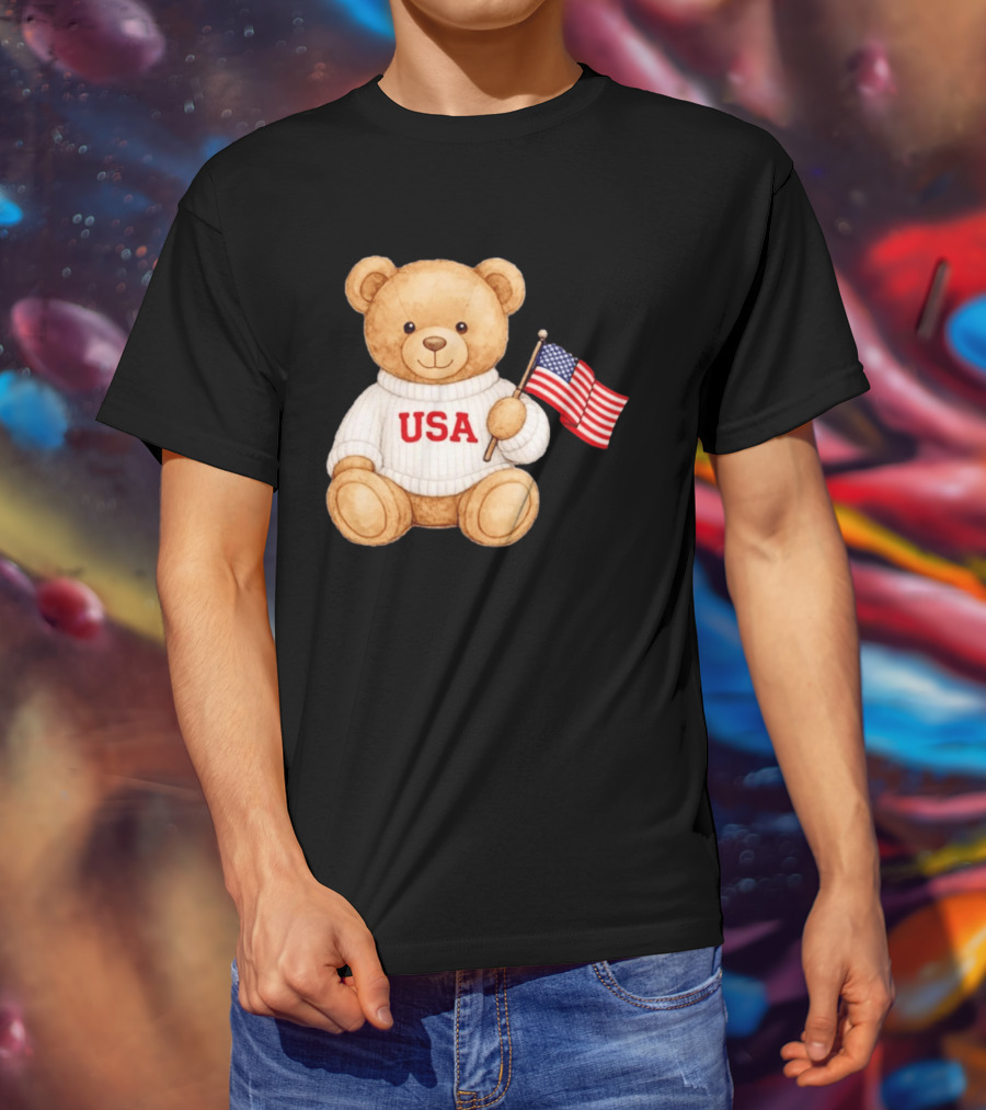 USA Teddy Bear Holding American Flag T-Shirt
