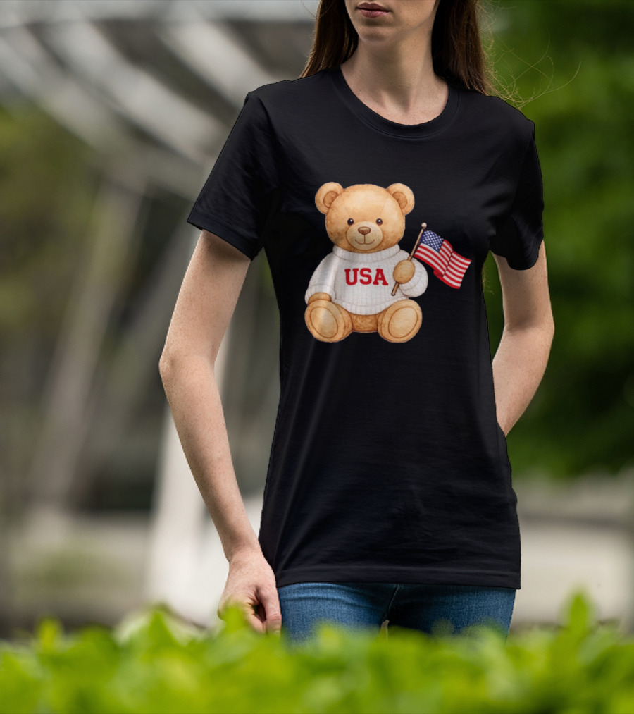 USA Teddy Bear Holding American Flag T-Shirt
