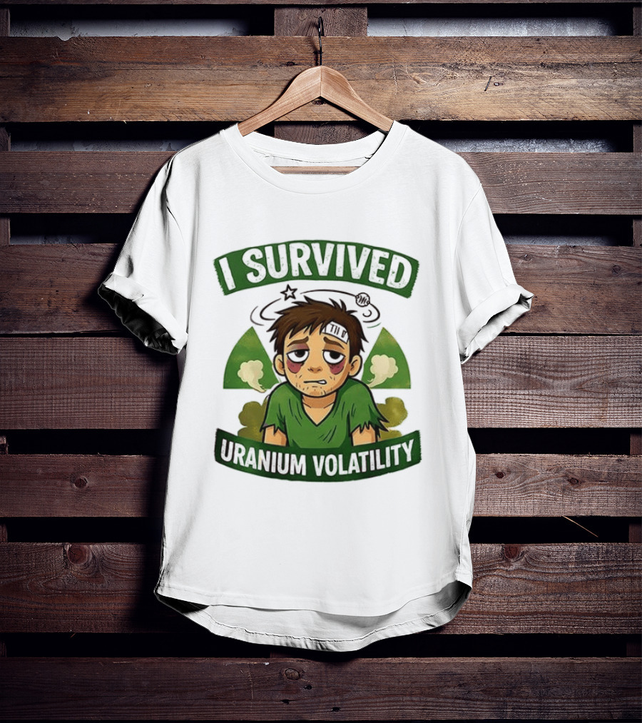 I Survived Uranium Volatility Exhausted Cartoon Character Wearing Torn Green T-Shirt
