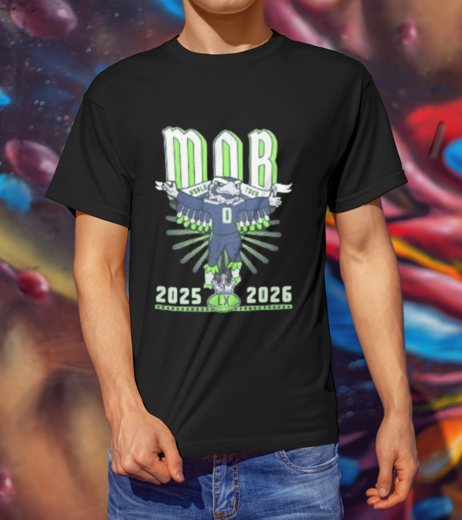 Seattle Seahawks MOB World Tour 2025 2026 Cartoon Bald Eagle Creature Olympic Washington LX T-Shirt
