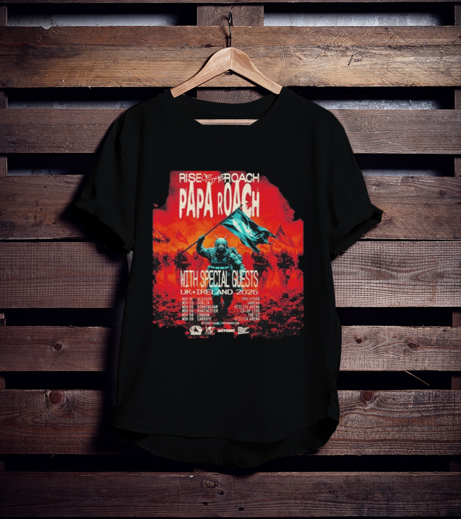 Papa Roach Rise Of The Roach With Special Guests UK Ireland Tour 2026 Dates Glasgow Dublin Birmingham Manchester London Cardiff T-Shirt
