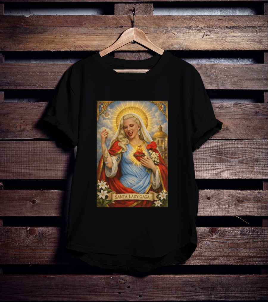 Santa Lady Gaga Sacred Heart Imagery With Rosary And Golden Halo T-Shirt