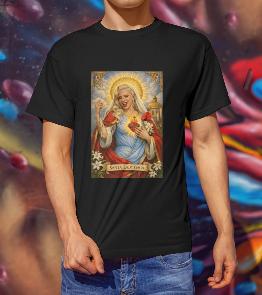 Santa Lady Gaga Sacred Heart Imagery With Rosary And Golden Halo T-Shirt