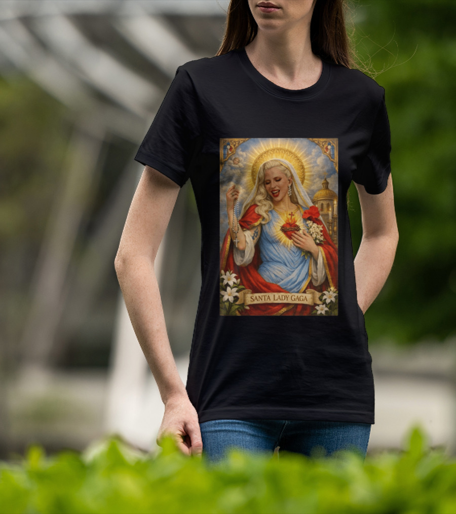 Santa Lady Gaga Sacred Heart Imagery With Rosary And Golden Halo T-Shirt