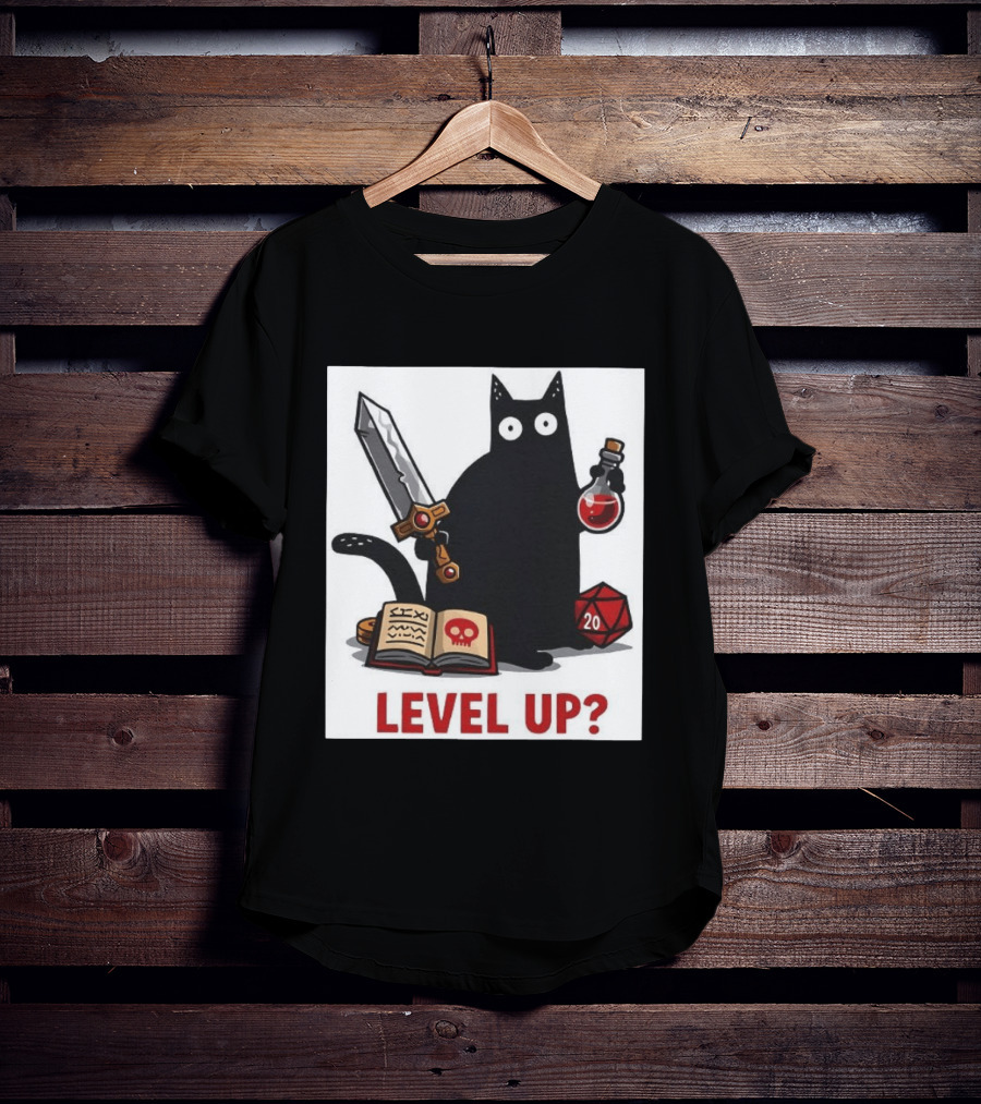 Black Cat Level Up Sword Potion D20 Dice Book Dungeons And Dragons T-Shirt