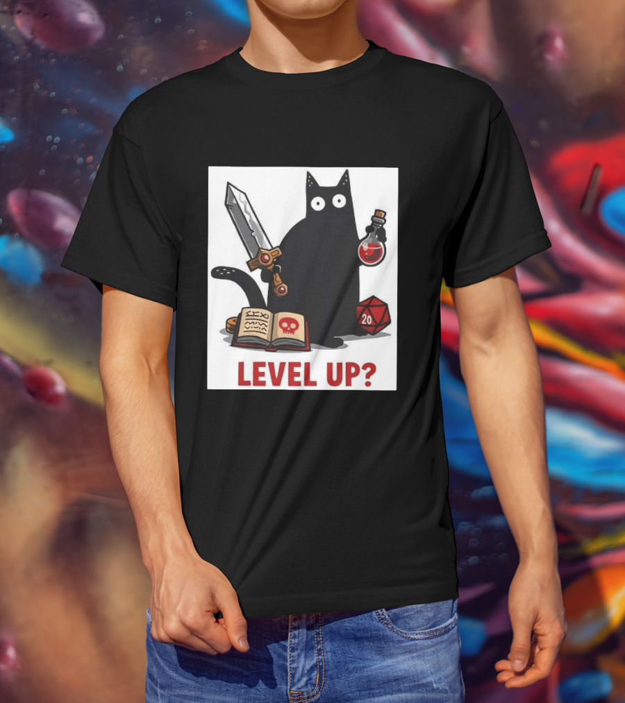 Black Cat Level Up Sword Potion D20 Dice Book Dungeons And Dragons T-Shirt