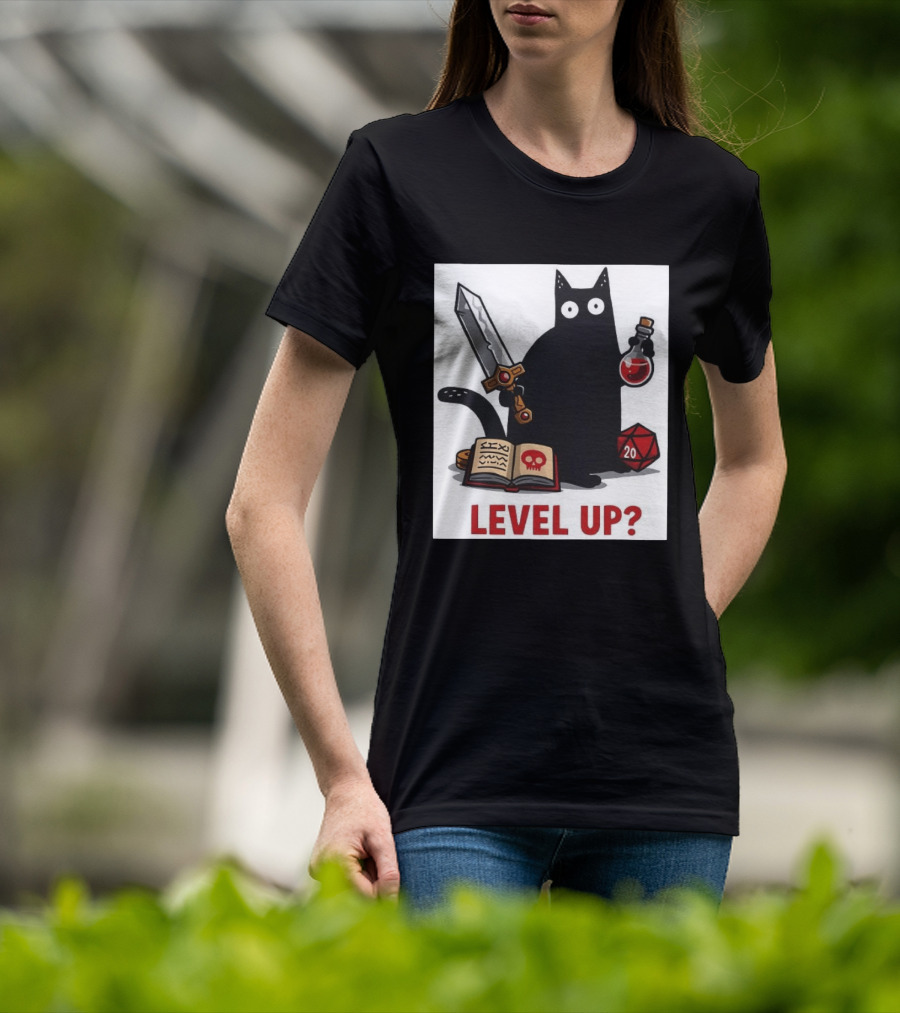 Black Cat Level Up Sword Potion D20 Dice Book Dungeons And Dragons T-Shirt
