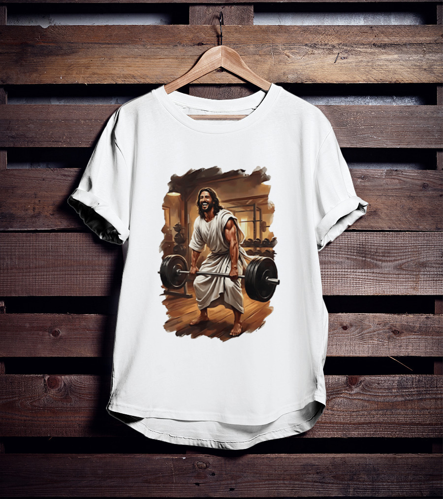 Jesus Lifting Weights In Gym Spiritual Fitness Motivation T-Shirt