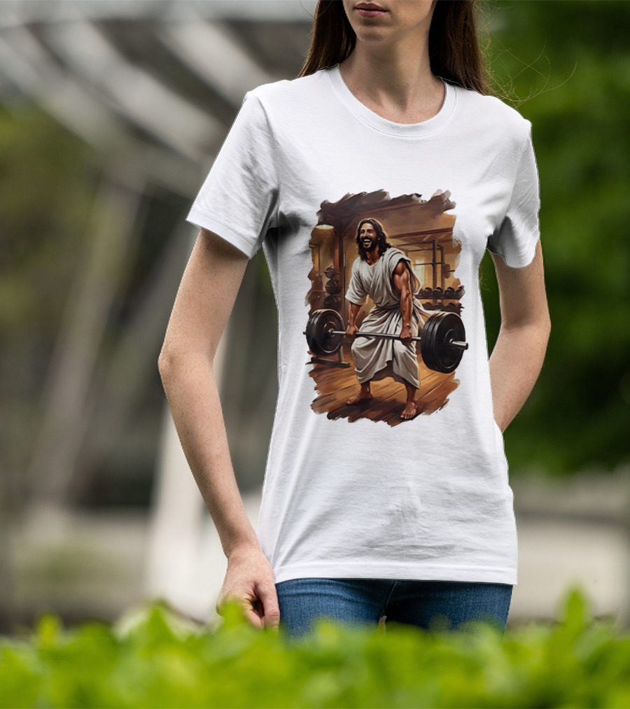 Jesus Lifting Weights In Gym Spiritual Fitness Motivation T-Shirt