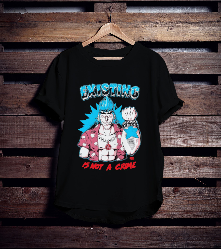 EXISTING IS NOT A CRIME Anime Punk Character Blue Hair Star Tattoo T-Shirt