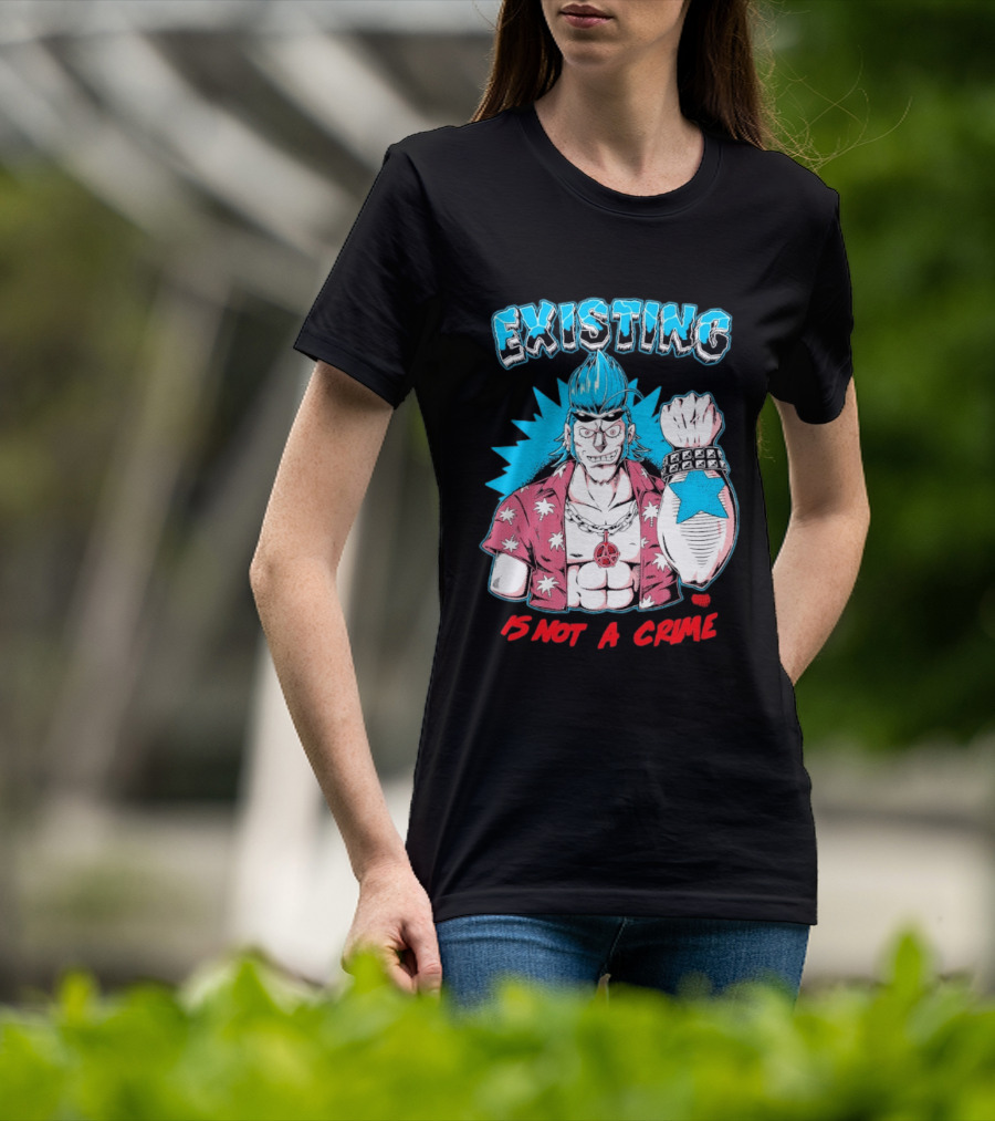 EXISTING IS NOT A CRIME Anime Punk Character Blue Hair Star Tattoo T-Shirt