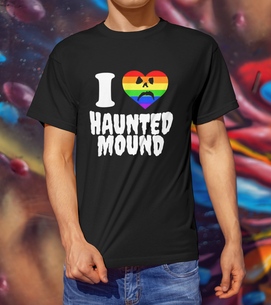 I Love Haunted Mound Rainbow Heart Face T-Shirt