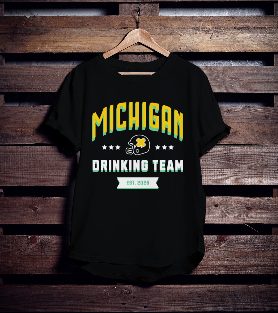 Michigan Wolverines Drinking Team St Patrick's Day Est 2026 Football Helmet Four Leaf Clover T-Shirt