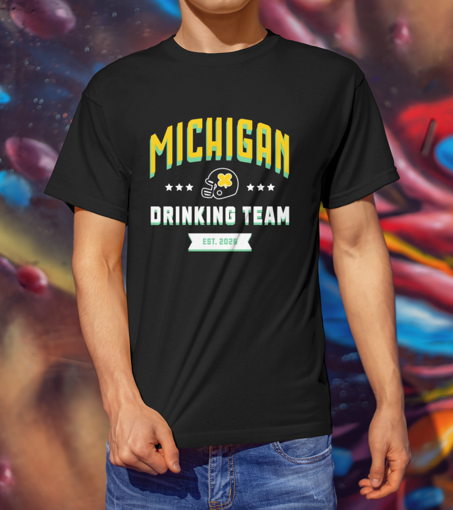 Michigan Wolverines Drinking Team St Patrick's Day Est 2026 Football Helmet Four Leaf Clover T-Shirt
