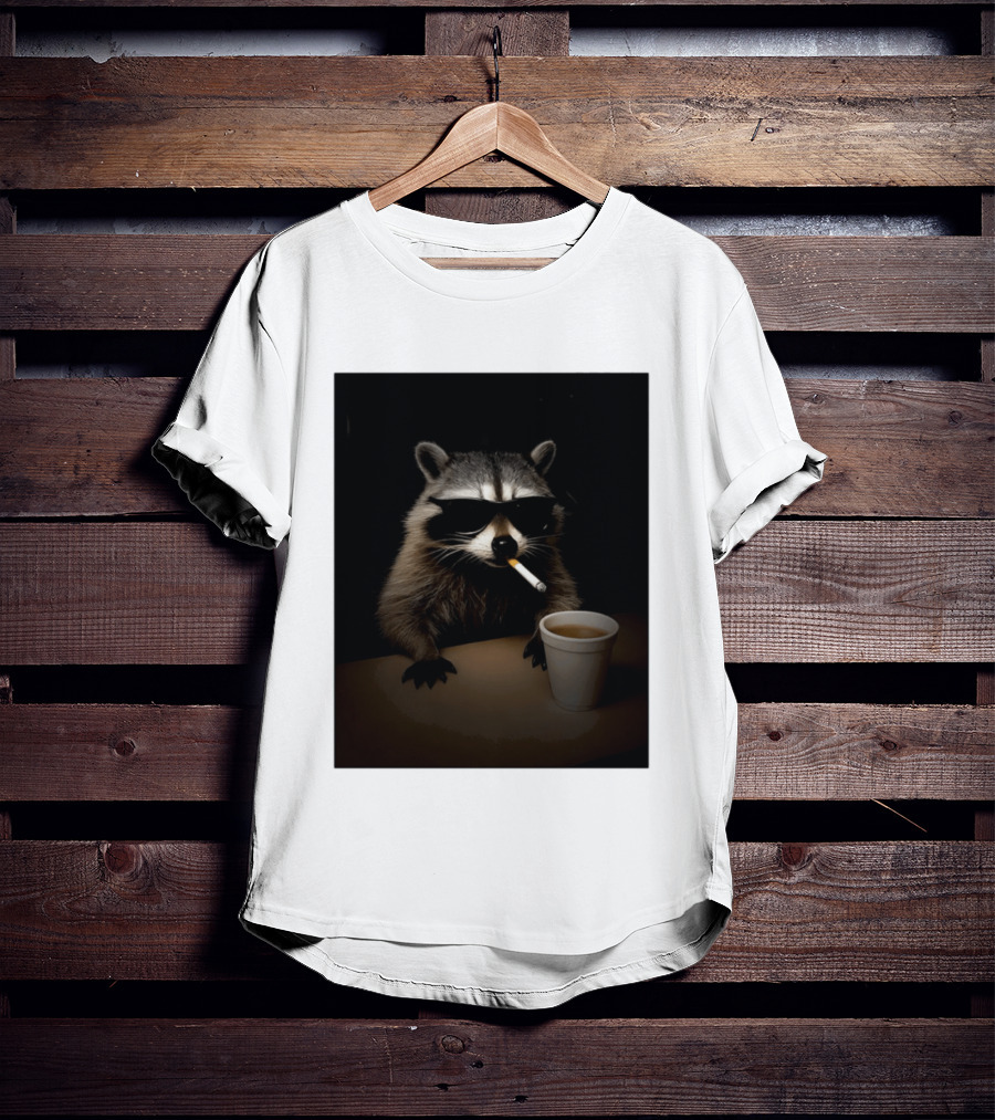 Raccoon Drinking Coffee Smoking Cigarette Wearing Sunglasses T-Shirt