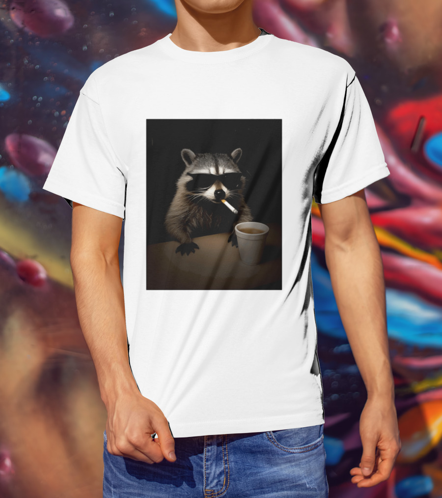 Raccoon Drinking Coffee Smoking Cigarette Wearing Sunglasses T-Shirt