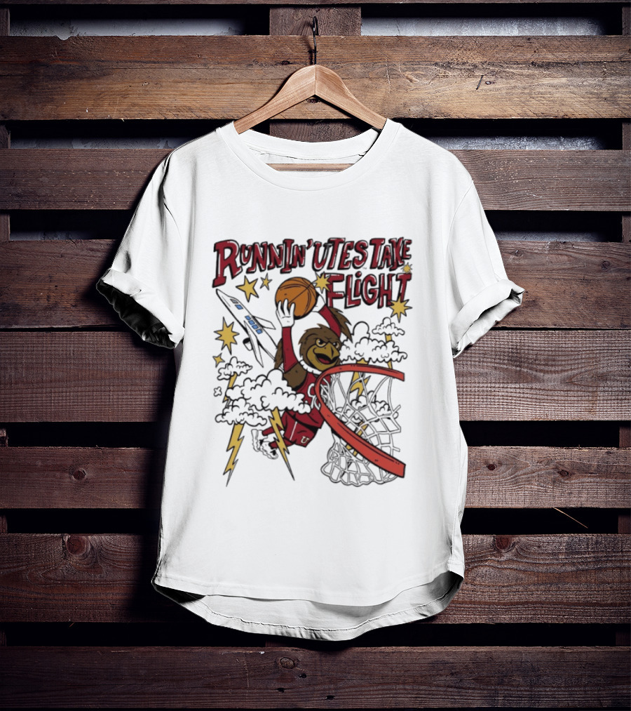Runnin' Utes Take Flight Basketball Mascot Dunking With Clouds Lightning And Jet T-Shirt